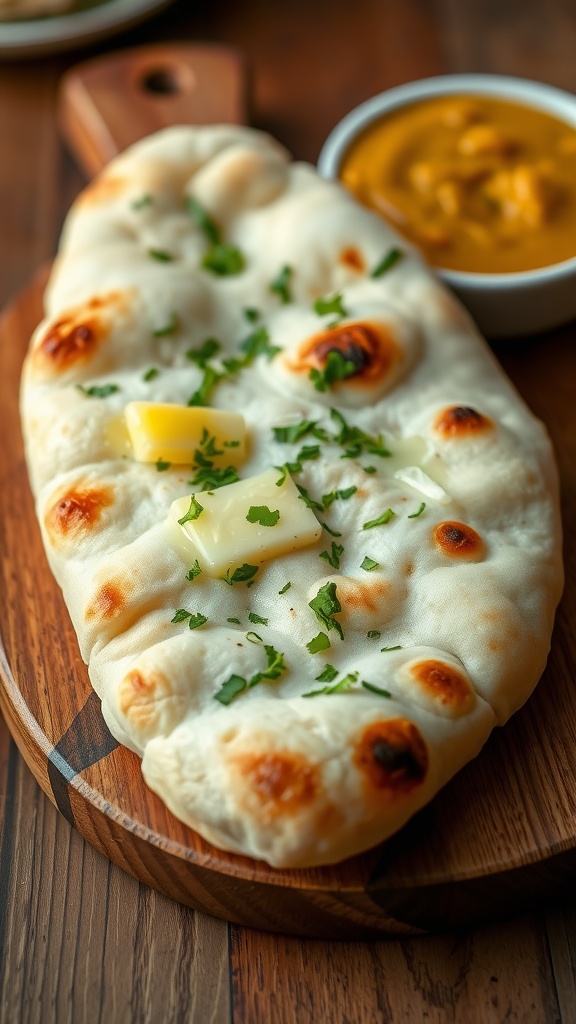 Fluffy garlic naan with butter and cilantro on a wooden board, served with curry.